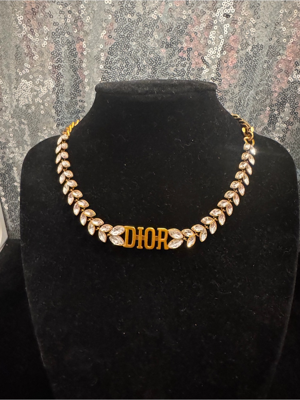 Dior Gold-tone Logo Necklace with Clear Crystal Leaf Accents